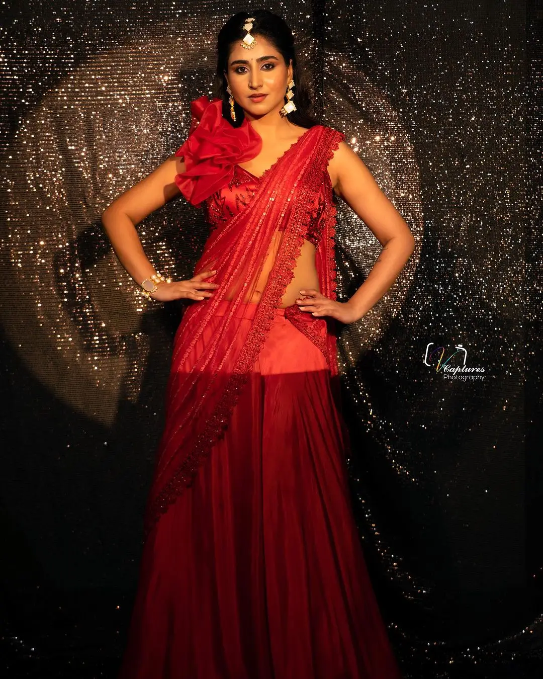 Varshini Sounderajan In Red Lehenga Voni Choli